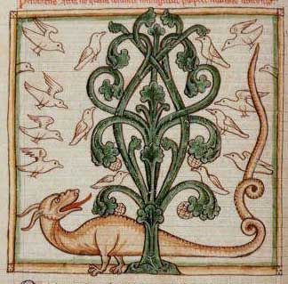 Doves in a peridexion tree, menaced by a dragon.